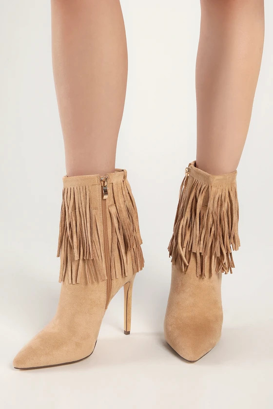 Seleste Light Nude Suede Fringe Pointed-Toe Mid-Calf Boots | Lulus (US)