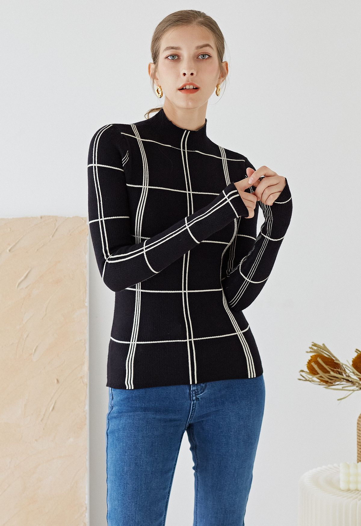 Grid Mock Neck Knit Top in Black | Chicwish