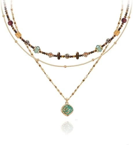 boho layered Original design Retro style multi-layer beaded necklace Fashion women's gold-plated ... | Amazon (US)