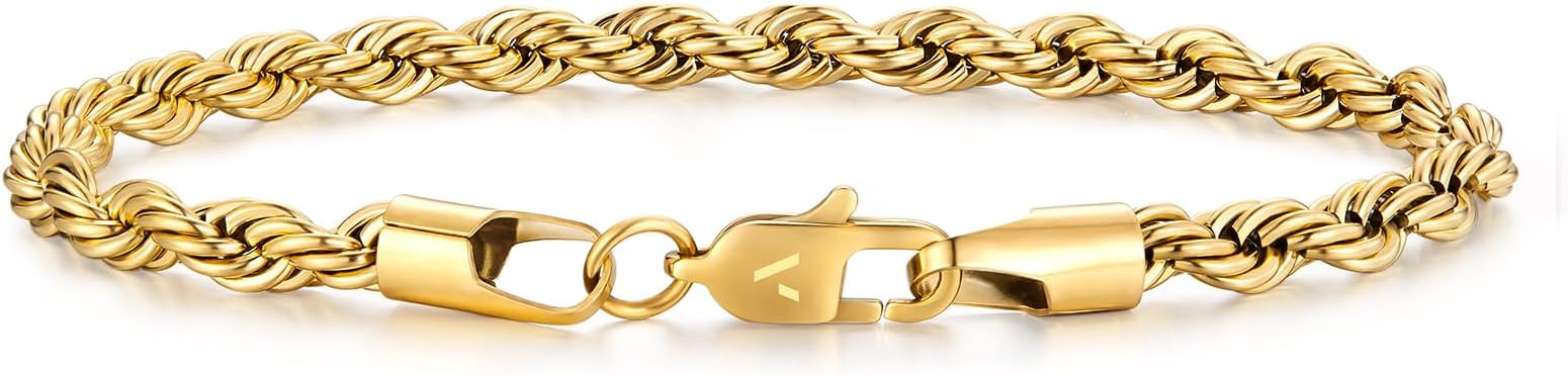 Rope Chain Bracelet for Men, 18K Real Gold Plated Men's Rope Link Bracelet, Durable No Color Fadi... | Amazon (US)