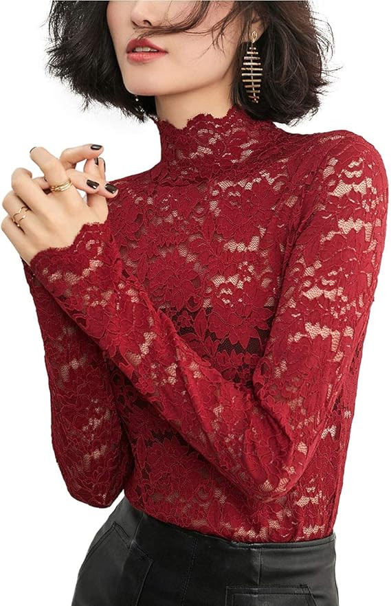 Women's Floral Lace Top Sexy Long Sleeve Mock Neck Casual Shirt Going Out Blouse | Amazon (US)