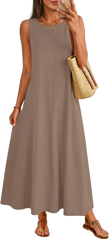 MEROKEETY Women's 2026 Summer Maxi Dress Sleeveless Crewneck Casual Loose Beach Vacation Basic Lo... | Amazon (US)