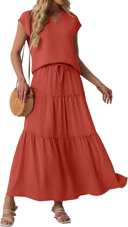 Lepunuo 2 Piece Skirt Sets for Women Flowy Maxi Skirts Cap Sleeve Tops Matching Sets Travel Vacat... | Amazon (US)