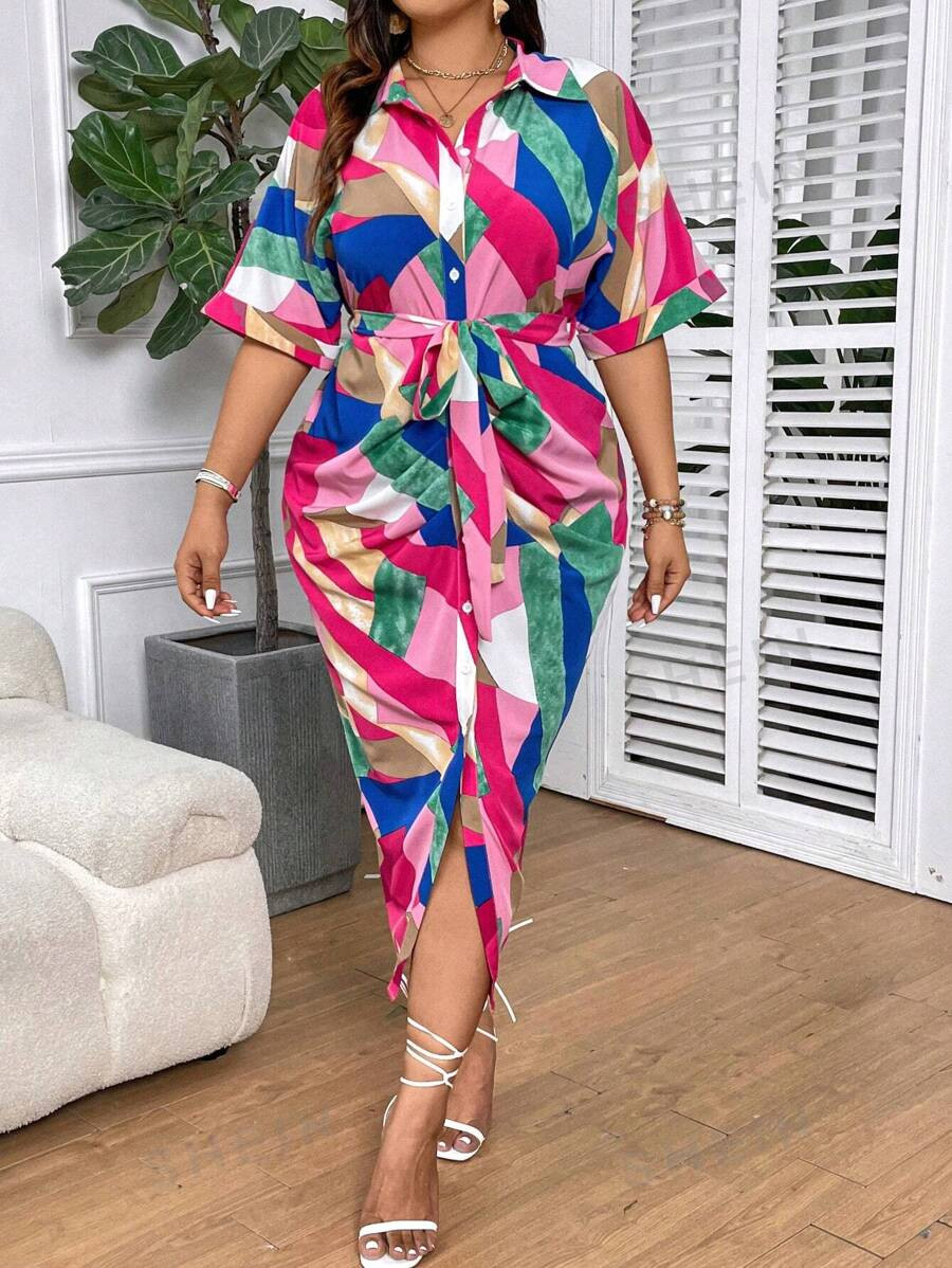 SHEIN VCAY Plus Size Summer Casual Color Blocking Button Front Short Sleeve Dress | SHEIN