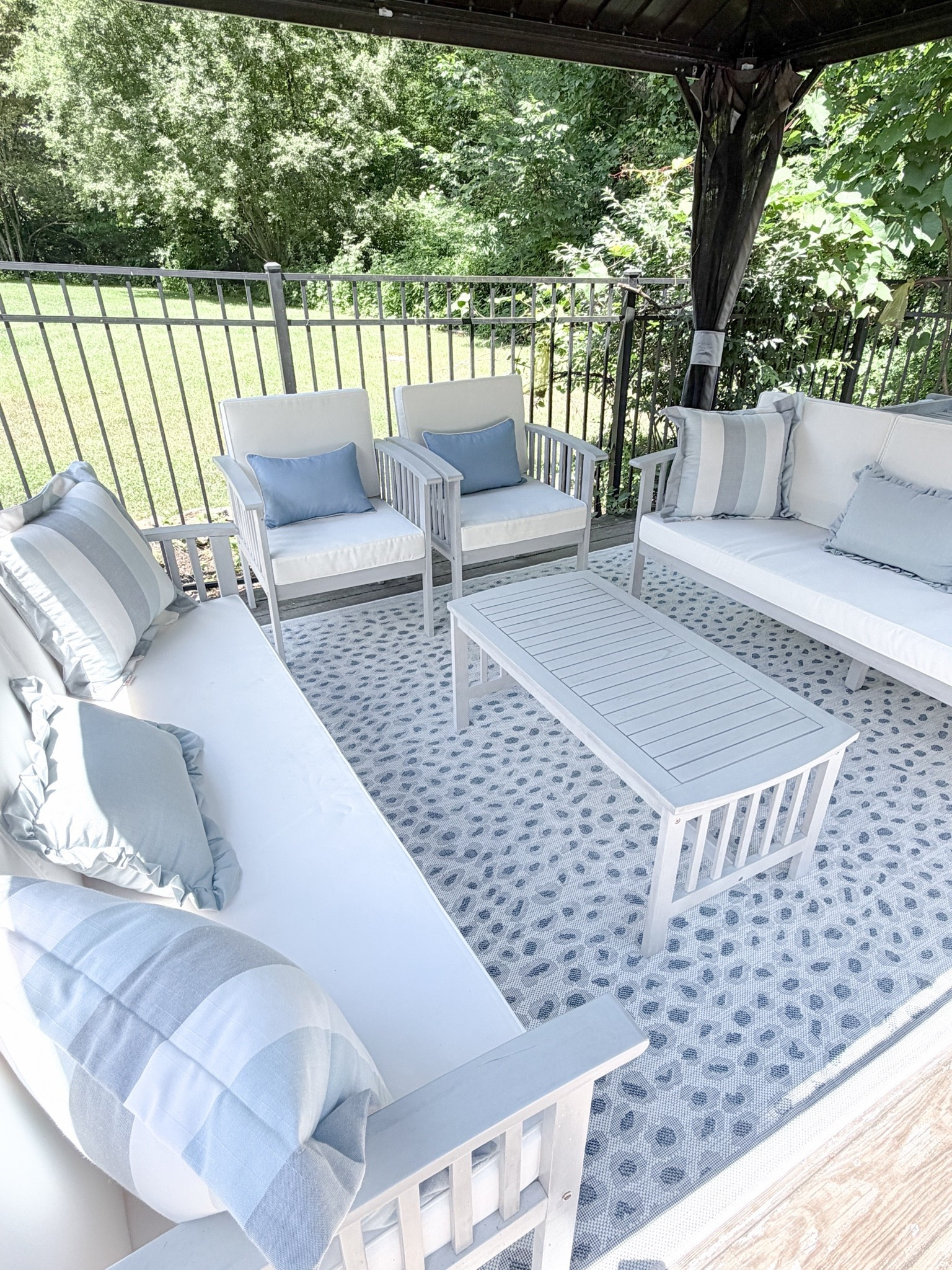Outdoor Living Area refresh. I wanted to update the outdoor living room by our pool for the summer so I ordered a four piece conversation set which included a three seat sofa, got an additional sofa & tied it together with a blue & white outdoor rug & the nicest coordinating Sunbrella pillows to make it even more comfortable.

#LTKSaleAlert #LTKHome #LTKSeasonal