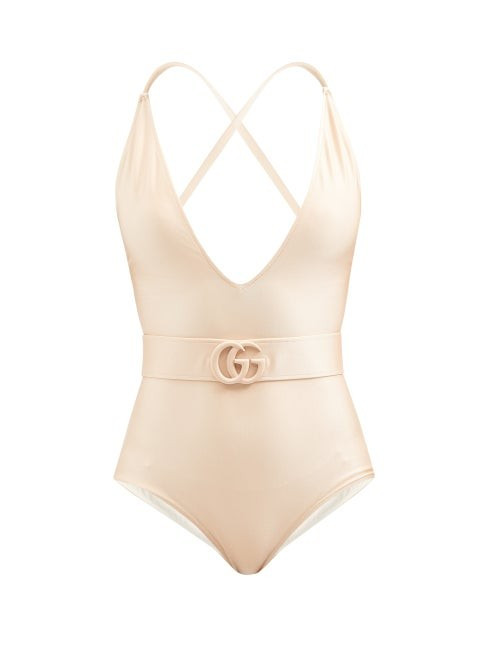 Gucci - GG-plaque Belted V-neck Jersey Swimsuit - Womens - Nude | Matches (US)