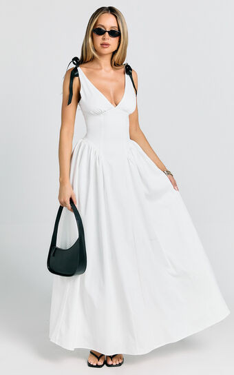 Samantha Midi Dress - V Neck Midi Dress with Bow Strap Detail in White | Showpo (US, UK & Europe)
