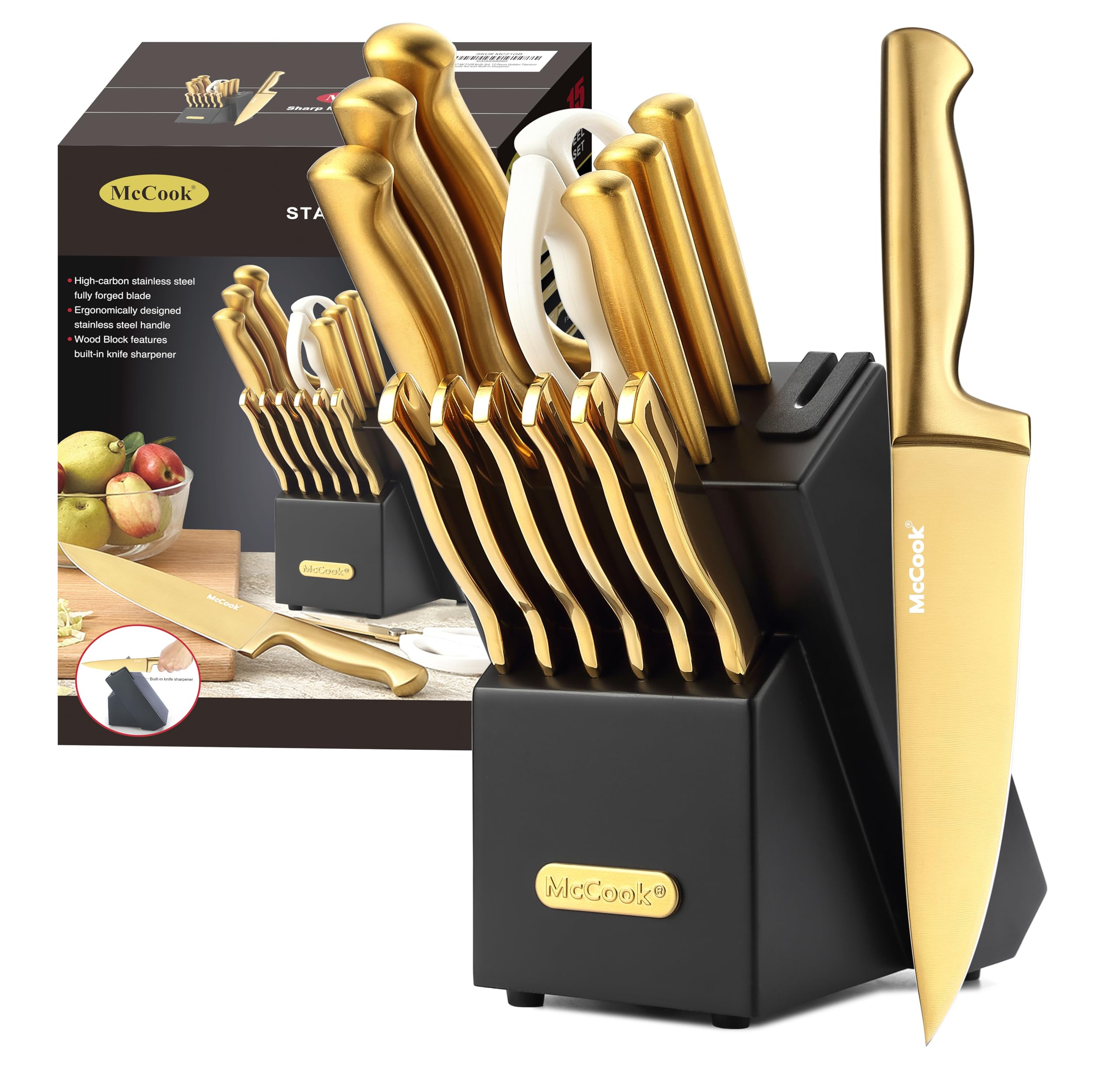 McCook® Knife Sets, Golden Titanium Stainless Steel Kitchen Knife Block Sets with Built-in Sharp... | Amazon (US)