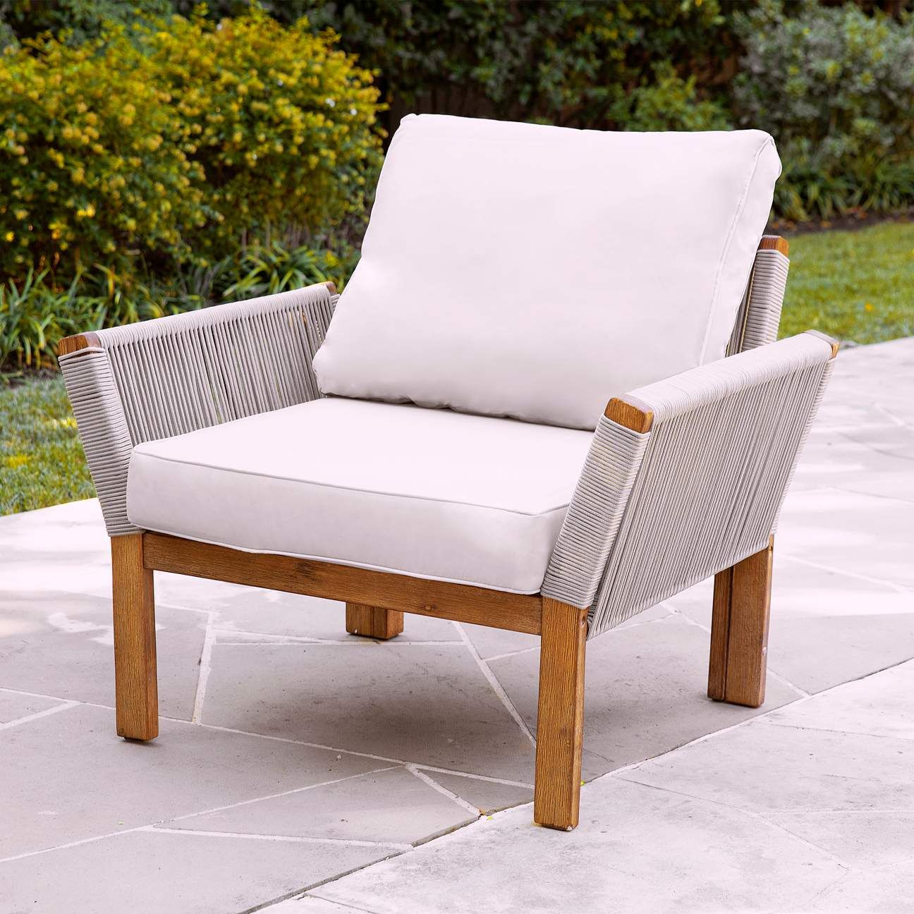Brendina Woven Rope and White Fabric Outdoor Armchair | Lamps Plus