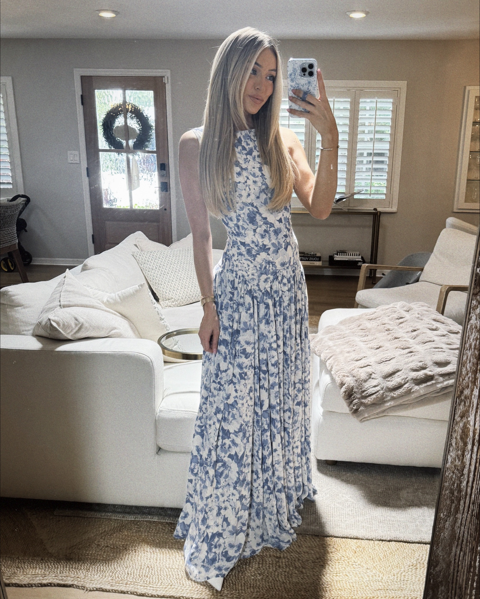 Baby shower guest dress | wearing size 2 | tts 

Baby boy | event dress | spring | summer | drop waist | blue and white floral | maxi dress | reformation | ootd | revolve shoes | white heels | Michele watch | Nordstrom | gold jewelry | bauble bar | custom name bracelet | personalized gift | ootd 