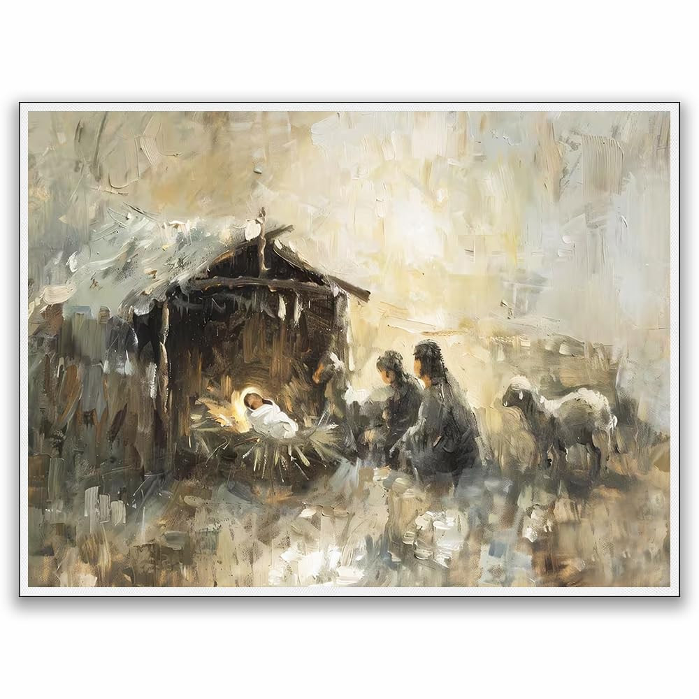 Nativity Scene Canvas Wall Art, Vintage Christian Christmas Decor Jesus Poster, Baby Jesus Farmho... | Amazon (US)