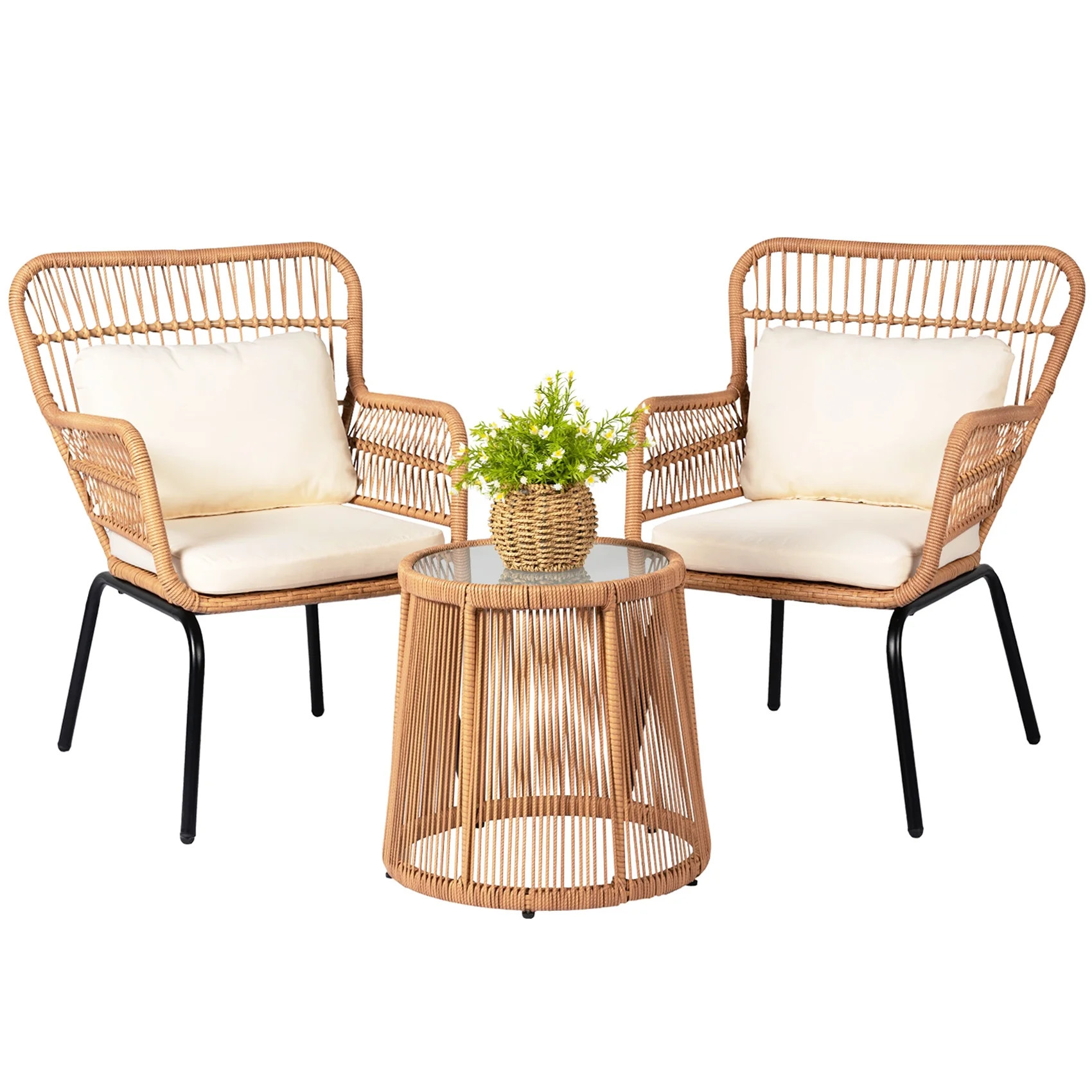 Tappio 3-Piece Patio Conversation Bistro Set Rattan Furniture, Outdoor Patio Set w/Glass Top Tabl... | Walmart (US)