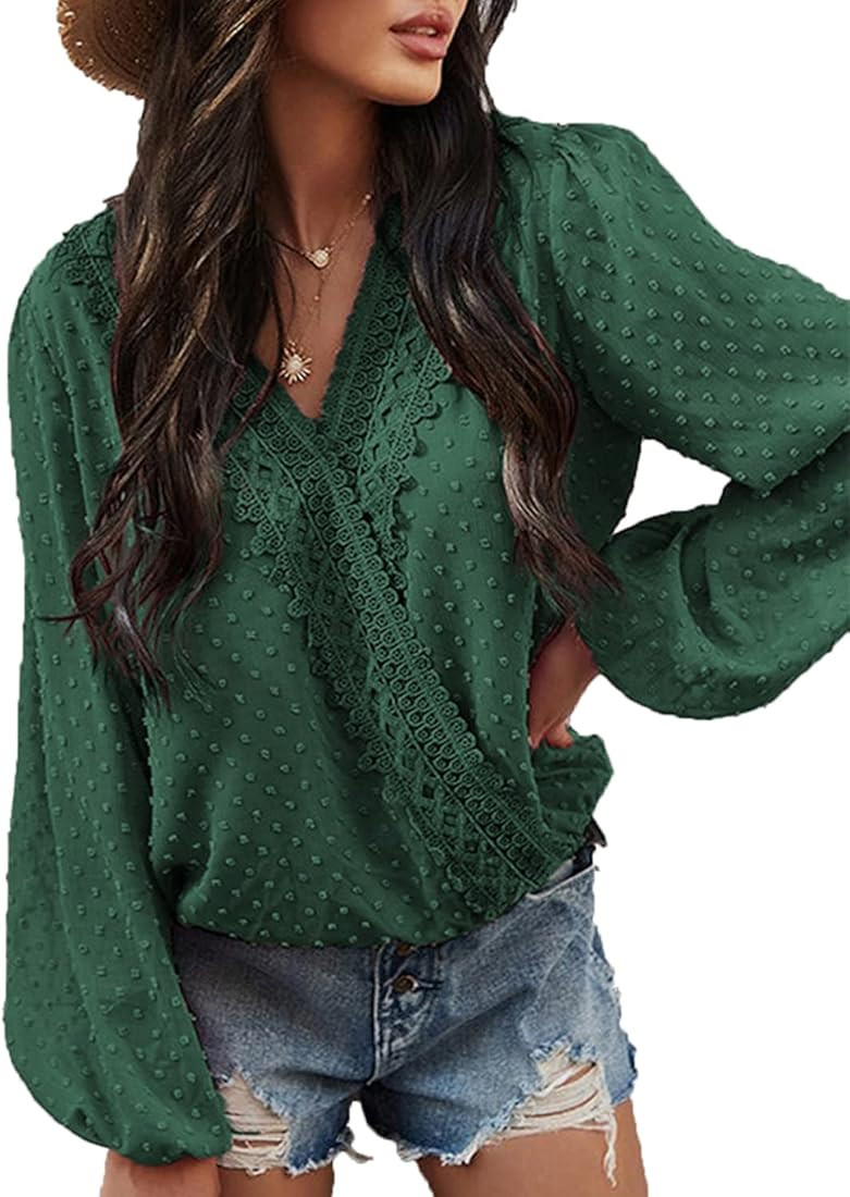 Poetsky Womens V Neck Chiffon Blouses Long Sleeve Tops Dressy Casual Pom Pom Shirts | Amazon (US)