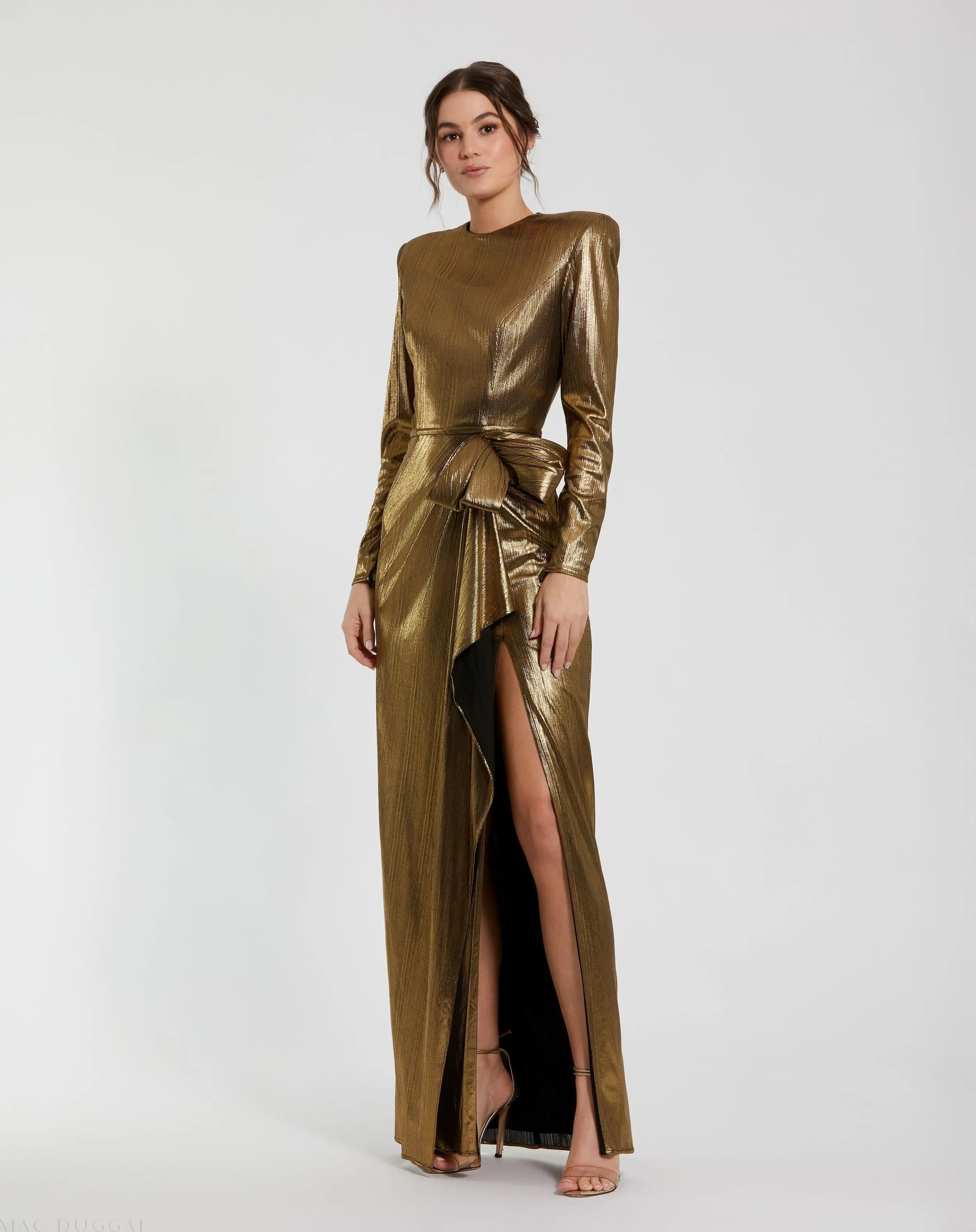 Ieena for Mac Duggal - Gold Metallic Long Sleeve Gown With Bow - Antique Gold / US 10 | Mac Duggal
