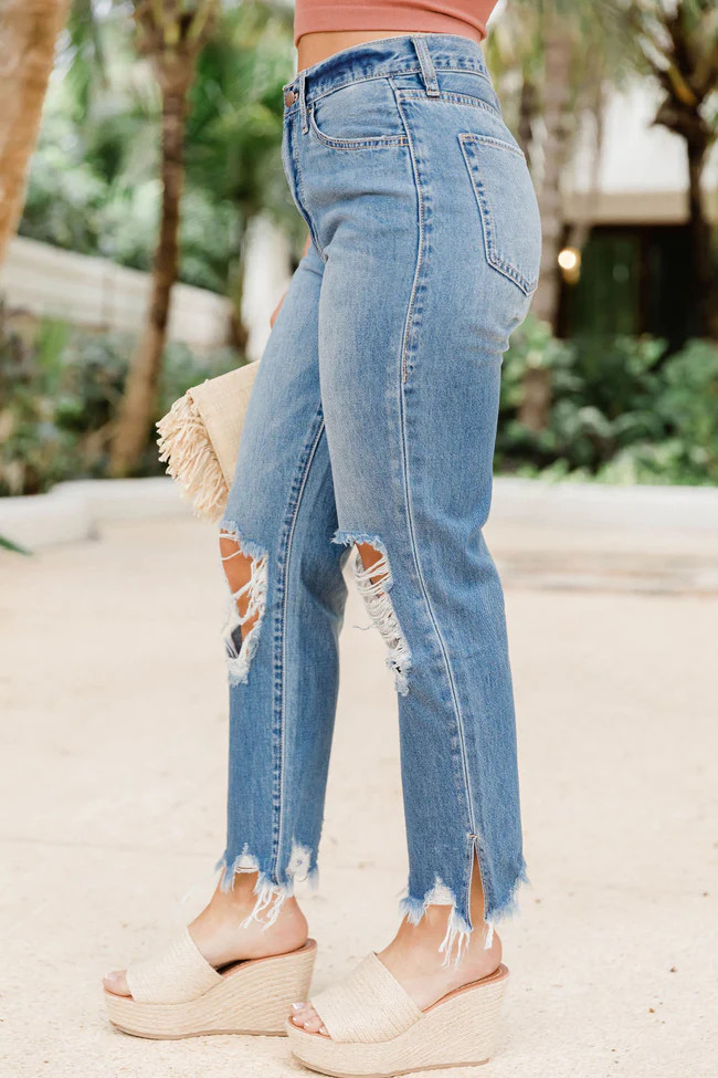 Reba Distressed Medium Wash Mom Jeans | Pink Lily