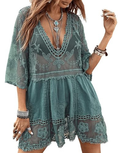 Eomenie Women's Contrast Lace Bathing Suit Cover Up V-Neck Swimsuit Coverups Loose Swimwear Beach Dress Beachwear Green | Amazon (US)