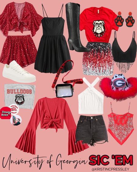 Game day outfit inspiration. Georgia Bulldogs. University of Georgia. Tailgate. Tailgating outfit. College football. Football. Fall outfit. Read two piece set. Black dress. Red dress. Bulldogs shirt. Football shirt. Red top. Bell sleeves. Bandanna top. Red and black skirt. Sequin skirt. Tasseled shirt. Gameday earrings. White sneaker. Stadium bag. Gameday pin. Cowboy hat. Football hat.￼

#LTKU #LTKstyletip #LTKSeasonal