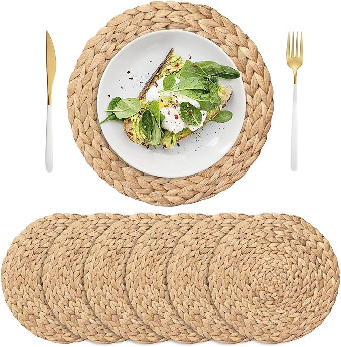 6 Pack 11.8" Woven Placemats, Natural Hand-Woven Water Hyacinth Placemats, Round Braided Rattan T... | Amazon (US)
