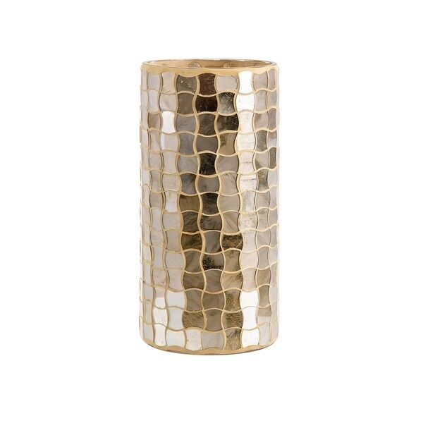 Christmas Gold and Grey Small Glass Mosaic Hurricane | Bed Bath & Beyond