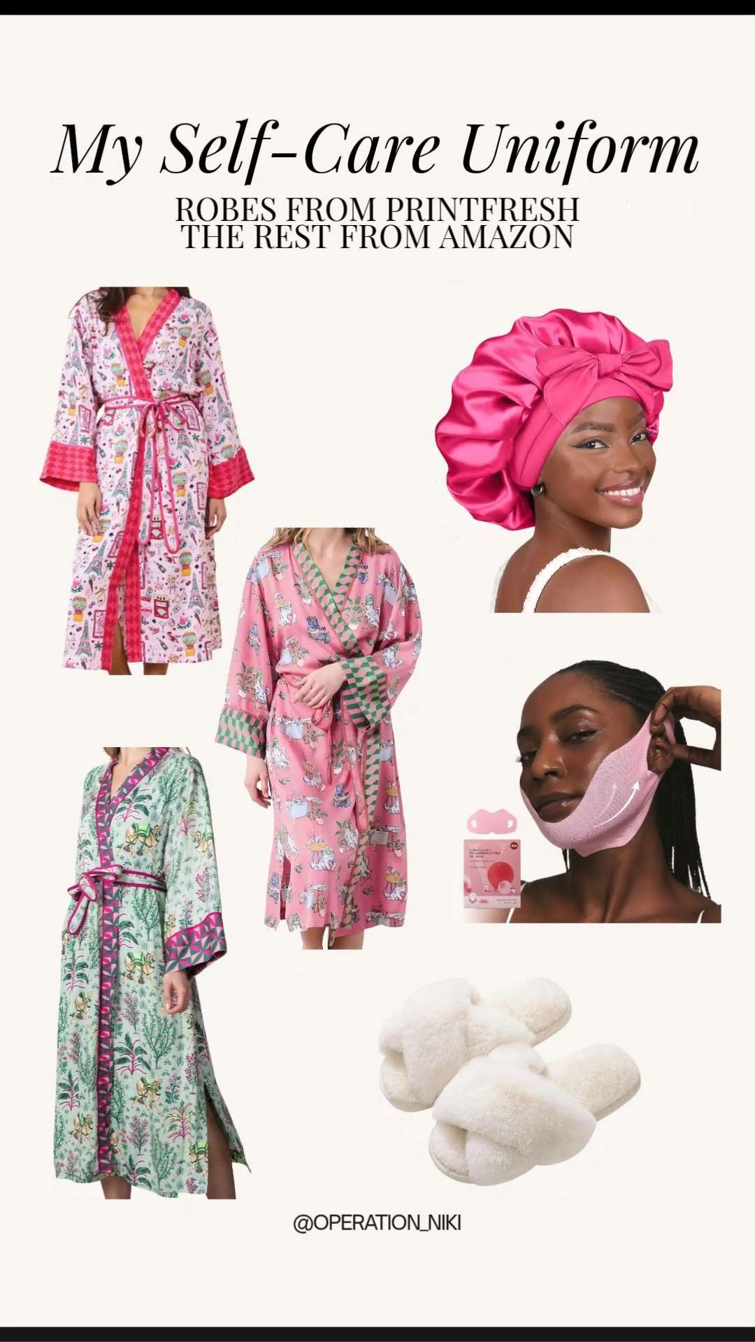 Introducing My Self-Care Uniform! 💖 For me, romanticizing my routine is about feeling comfortable and confident, even when just relaxing at home. The foundation is my incredible robes from PrintFresh—the prints are unmatched! 🌸 The rest of the essentials are Amazon finds to complete the look.

I always grab my satin bonnet to protect my hair and a moisturizing face mask for a little skincare pick-me-up. ✨ Finish it off with the coziest cross-band slippers and you have the perfect "uniform" for winding down.

Follow for more @OPERATION_NIKI on IG, TikTok, & Facebook 

 #SelfCareUniform #PrintFresh #RomanticizeYourLife #CozyRoutine #AmazonFinds #HairCare #SkinCare #Slippers #Relax #WindingDown #OperationNiki #LTKselfcare #LTKBeauty
