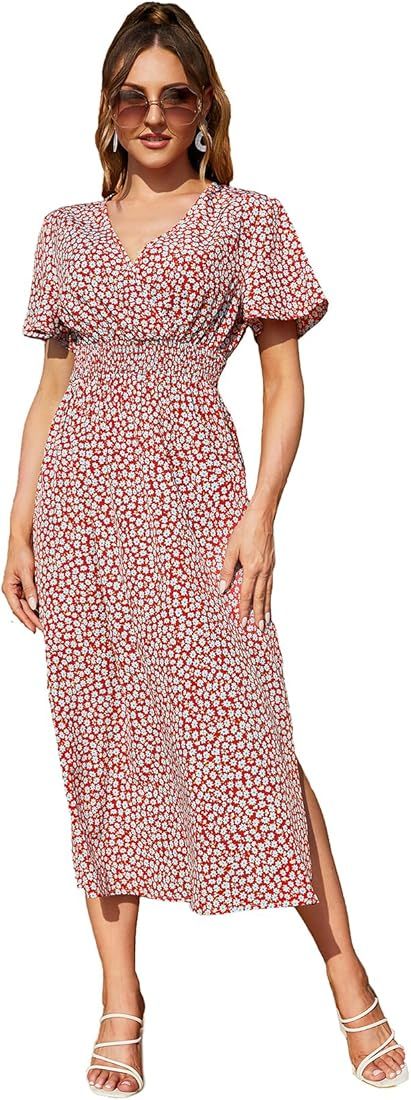 Floerns Women's Floral Print Wrap V Neck Short Sleeve Slit Hem Long Flared Dress | Amazon (US)