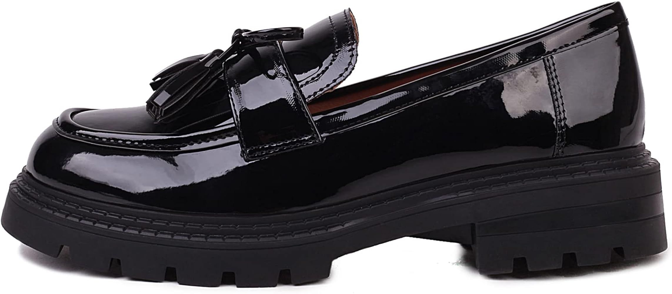 British Style Women's Fashion Loafers, Patent Leather Tassel Loafers, Black Thick-Soled Loafers, ... | Amazon (US)