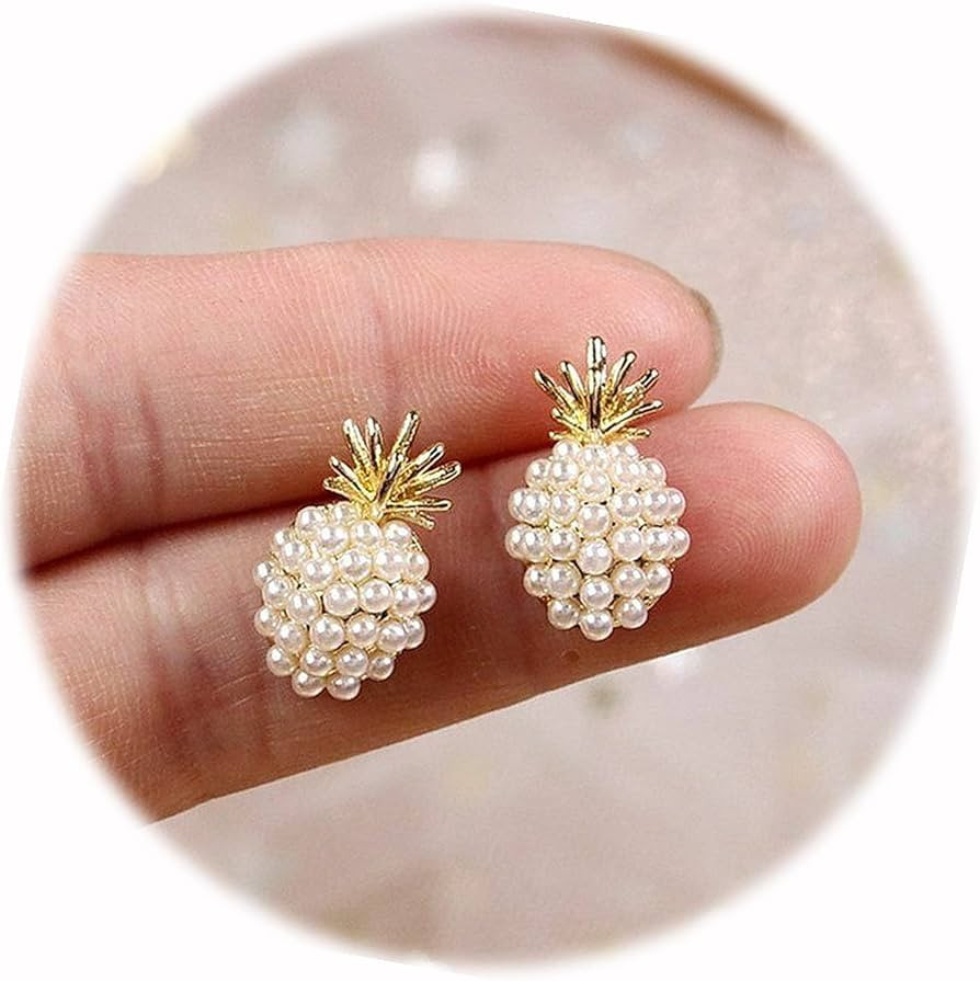 New Yellow Gold Jewelry White Pearl Pineapple Stud Earrings Elegant Cute Unique Stunning Pretty j... | Amazon (US)