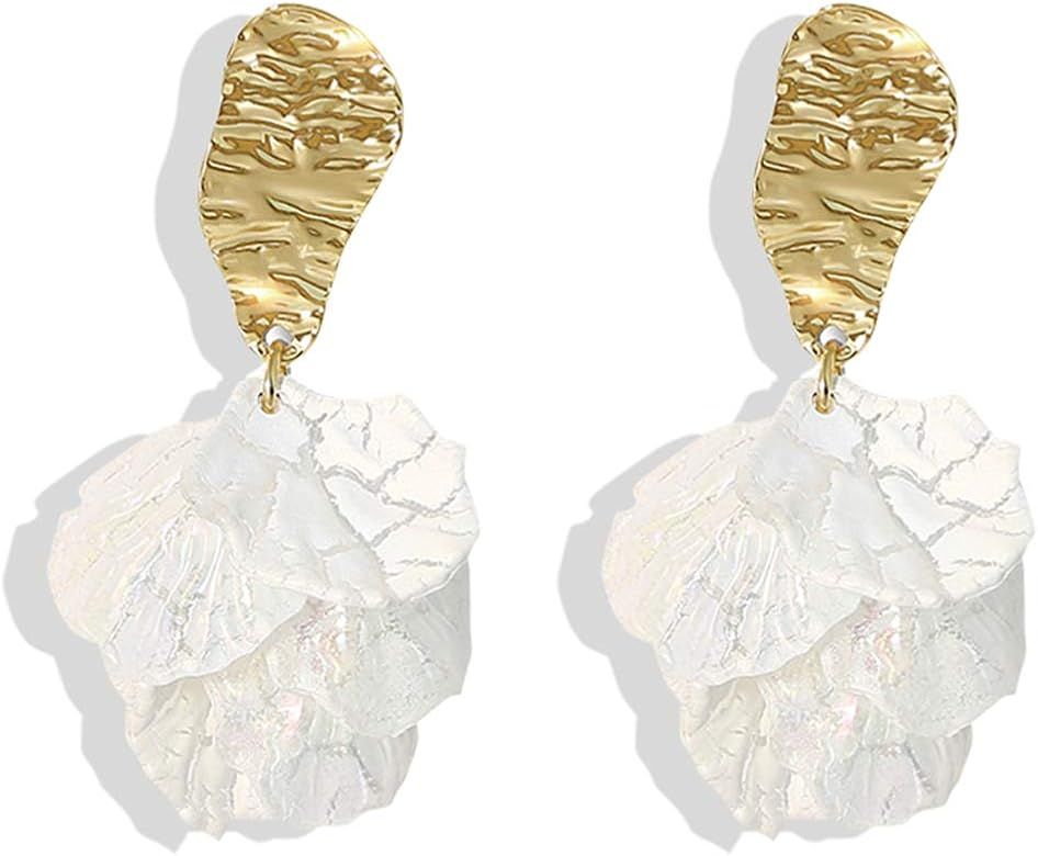 Just Follow White Rose Petal Dangle Earrings for Women Girls Acrylic Long Drop Floral Tassel Earring | Amazon (US)