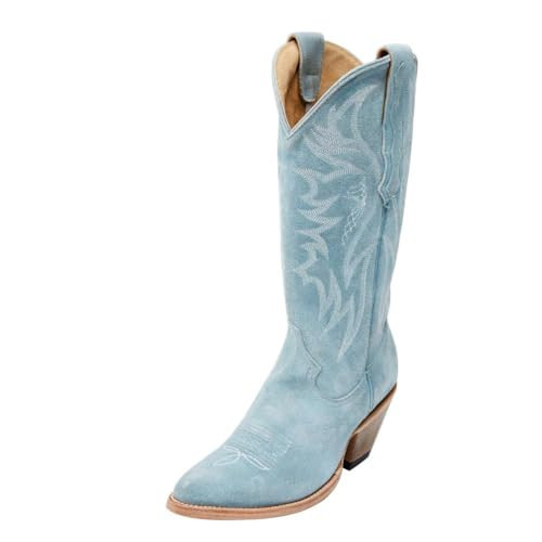 GORBINETI Women's Blue Cowgirl Boots Pull on Suede Cowboy Boots Chunky Block Heel Western Boots Mid Calf Cowboy Boots Vintage Embroidery Boots Almond Toe Fashion Boots Sky Blue 9.5 | Amazon (US)