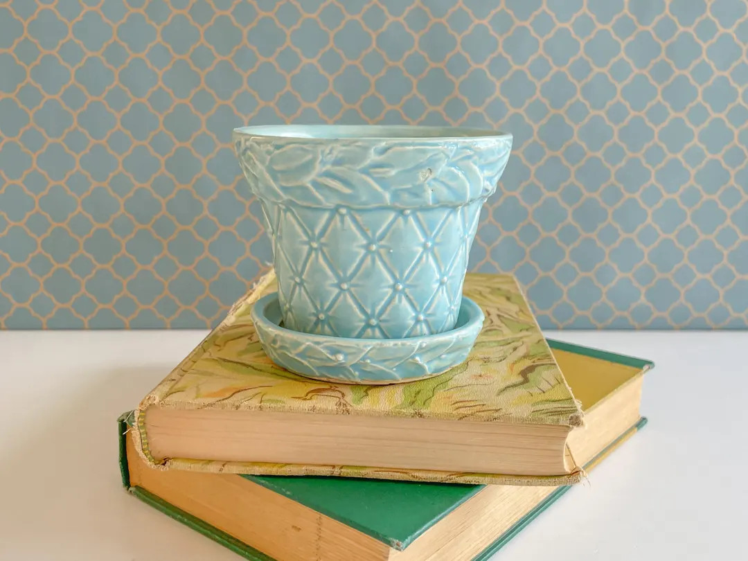 Vintage Mccoy Flowerpot Diamond Quilt With Leaves Blue 1950s Mid-century - Etsy | Etsy (US)