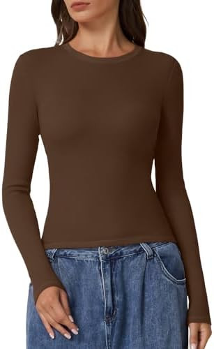 QINSEN Long Sleeve Shirts for Women Crewneck Rib Knit Slim Fit Going Out Tops Casual Basic Tee | Amazon (US)