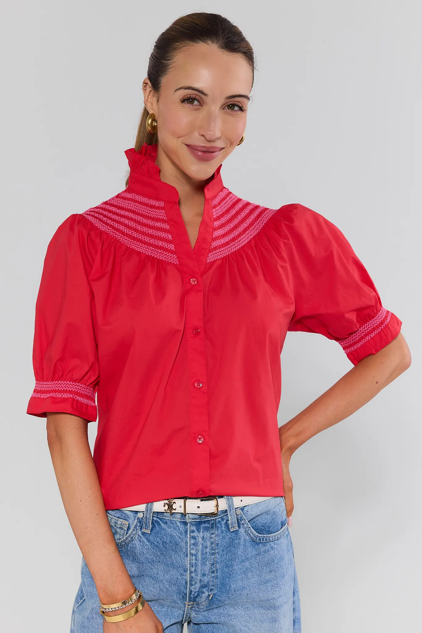 Yvonne Red and White Embroidered Top | Avara