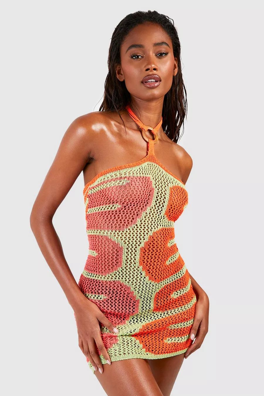 Crochet Halter Neck Square Ring Beach Dress | Boohoo.com (US & CA)