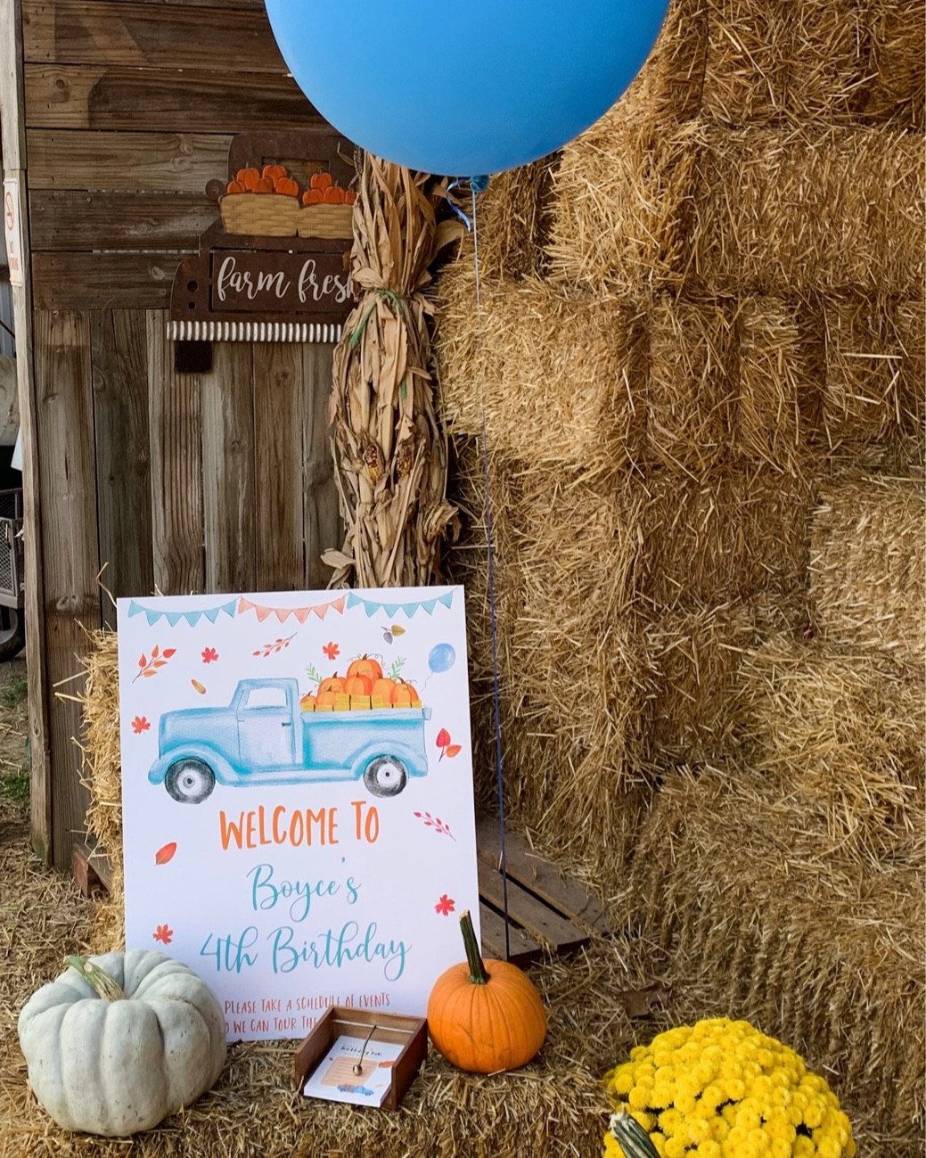 A harvest kids birthday party welcome sign ☺️ This 4 year old LOVED blue trucks so we incorporated that into the theme along with pumpkins and mums 💛

#LTKSeasonal #LTKHoliday #LTKkids