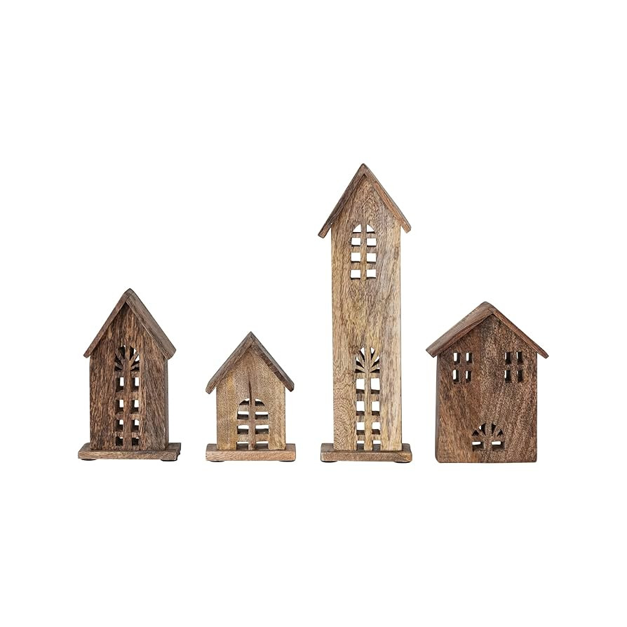 Creative Co-Op Decorative Carved Mango Wood Houses, Natural, Set of 4 | Amazon (US)