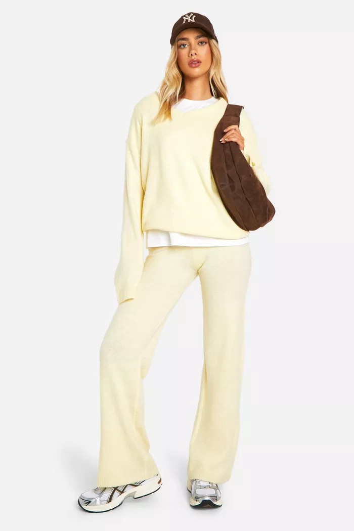 Soft Knit V Neck Wide Leg Knitted Co-ord | boohoo (US & Canada)