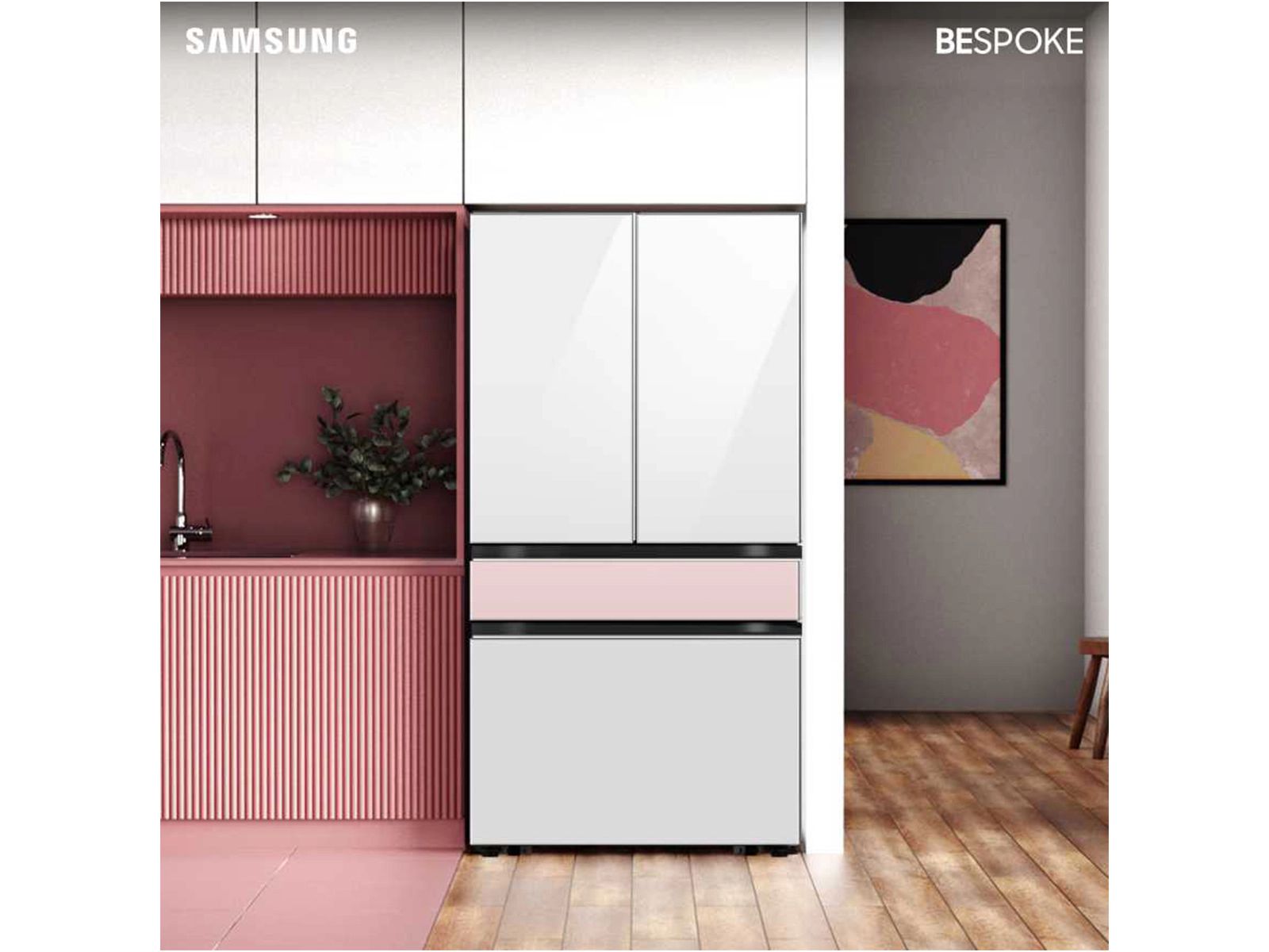 Bespoke 4-Door French Door Refrigerator (29 cu. ft.) with Beverage Center&trade; in White Glass w... | Samsung