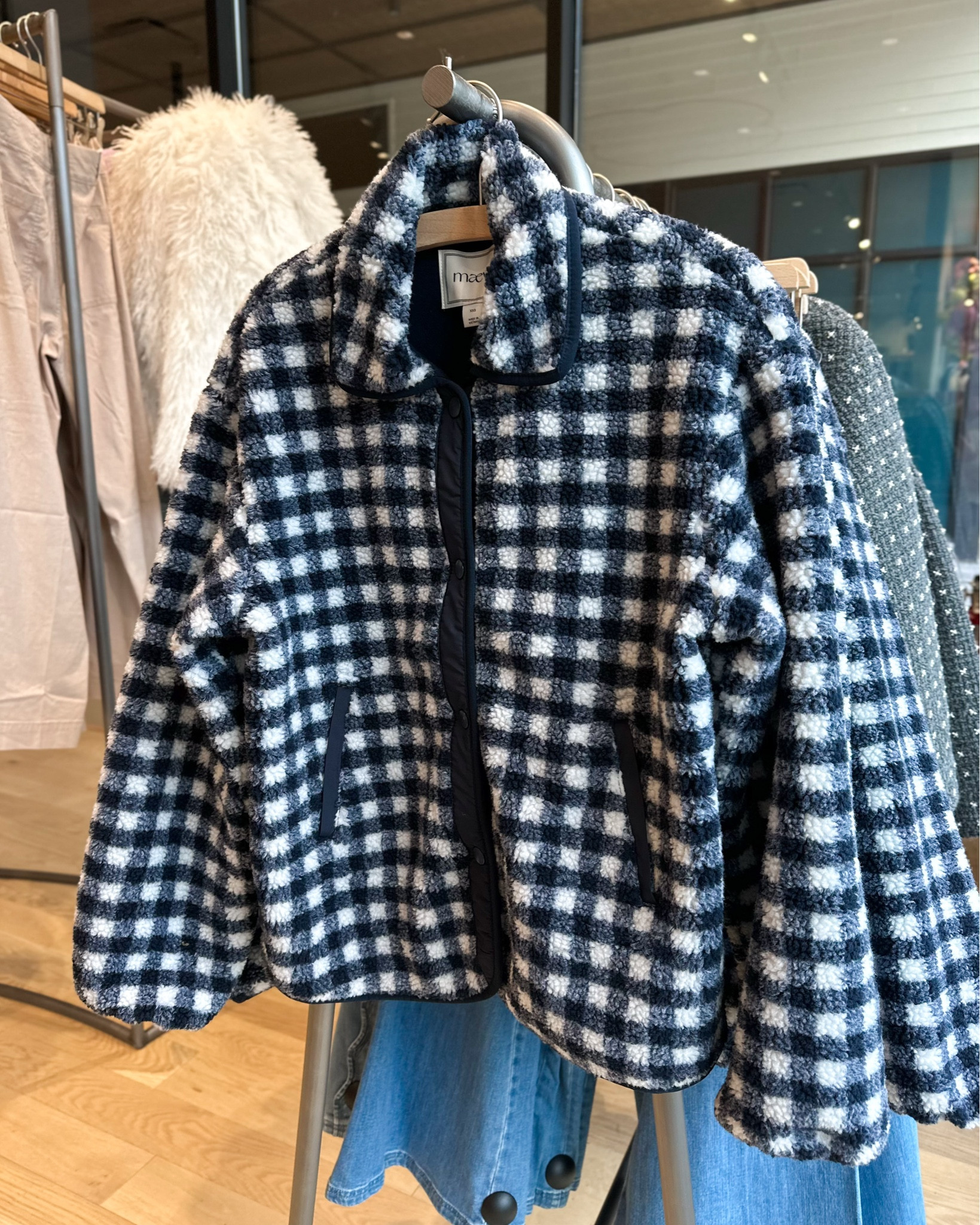 A couple of things that caught my eye at Anthro on my last trip… This blue and white fleece gingham Sherpa jacket, and these studded belts — brown suede with silver studs and black leather with gold studs.

#LTKSeasonal #LTKFindsUnder100