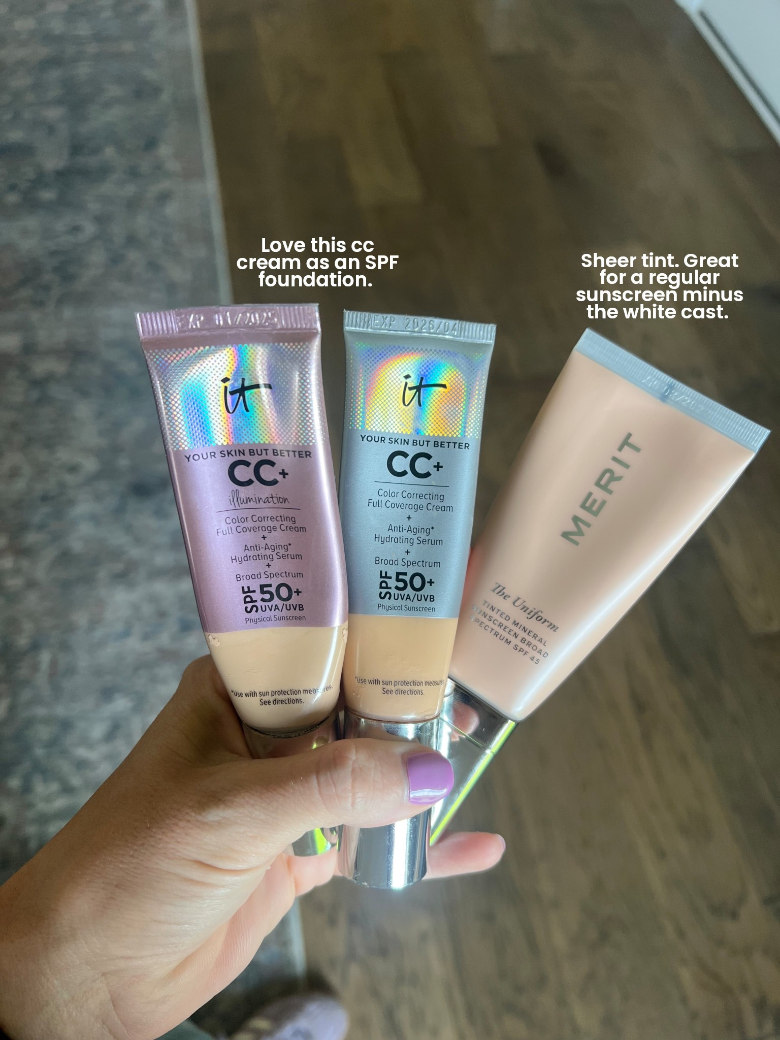 The new Merit sunscreen is great because you don’t get the white cast like normal mineral sunscreens. I love the It Cosmetics cc cream as an SPF foundation  