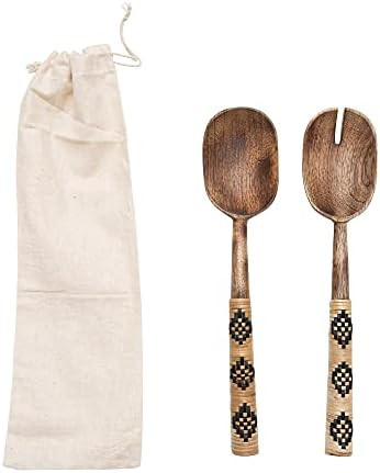 Creative Co-Op Mango Wood Salad Servers with Patterned Rattan-Wrapped Handles Serveware, Set of 2, N | Amazon (US)