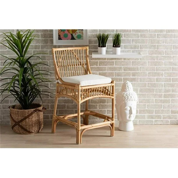 Baxton Studio Rose Modern Bohemian White Fabric Upholstered and Natural Brown Rattan Counter Stoo... | Walmart (US)
