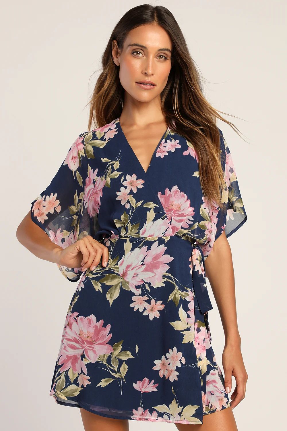 Lovely Aura Navy Blue Floral Short Sleeve Wrap Dress | Lulus (US)