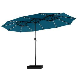 15 ft. Market Patio Umbrella with Lights Base and Sandbags in Lyons Blue | The Home Depot