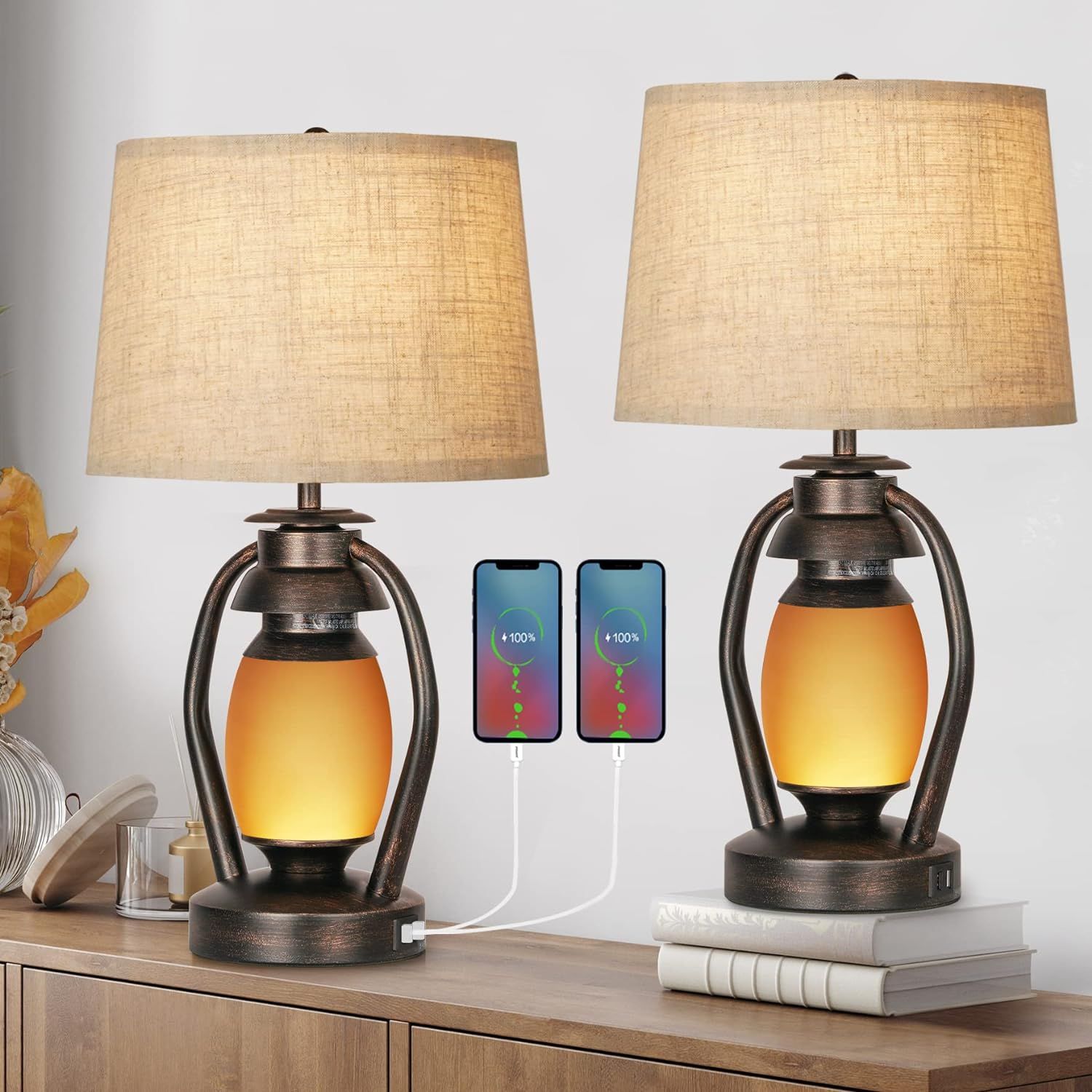 Suraielec Lantern Table Lamps Set of 2, Rustic Lamp with Dimmable Night Light and USB, Farmhouse ... | Amazon (US)