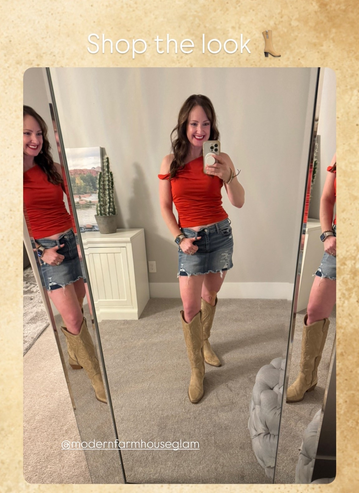 Date night outfit Jean skirt red asymmetrical off the shoulder tank top tan suede cowboy boots going out top Abercrombie target American Eagle urban outfitters Hollister Amazon Christmas Eve shirt Thanksgiving outfit holiday

#LTKShoeCrush #LTKStyleTip 

#LTKootd #LTKdayinmylife #LTKgrwm