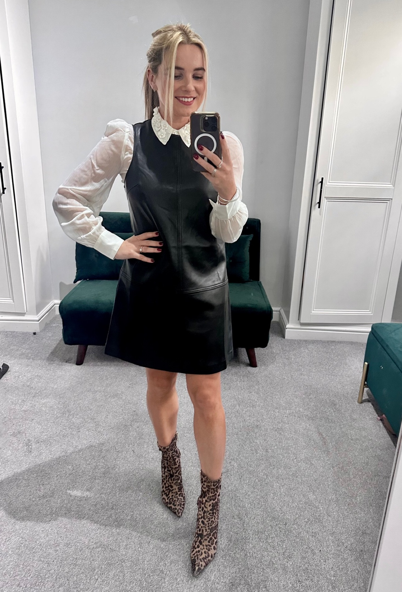 White shirt, River Island, black leather dress, faux leather, leopard print boots, monochrome outfit, black and white fit, heeled boots 

#LTKeurope #LTKSeasonal #LTKstyletip
