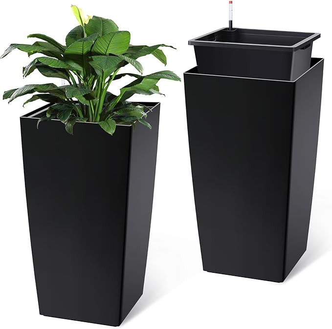30" Tall Planters Set of 2, Outdoor＆Indoor Black Planter Pots, High Front Porch Planter Pots wi... | Amazon (US)