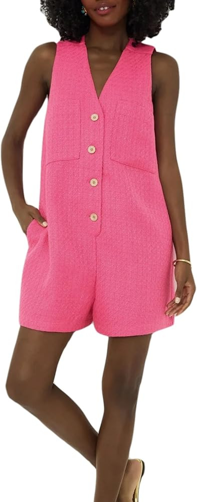 LifeShe Women's Sleeveless Tweed Jackie Rompers Summer V Neck Button Down Short Jumpsuits Loose O... | Amazon (US)