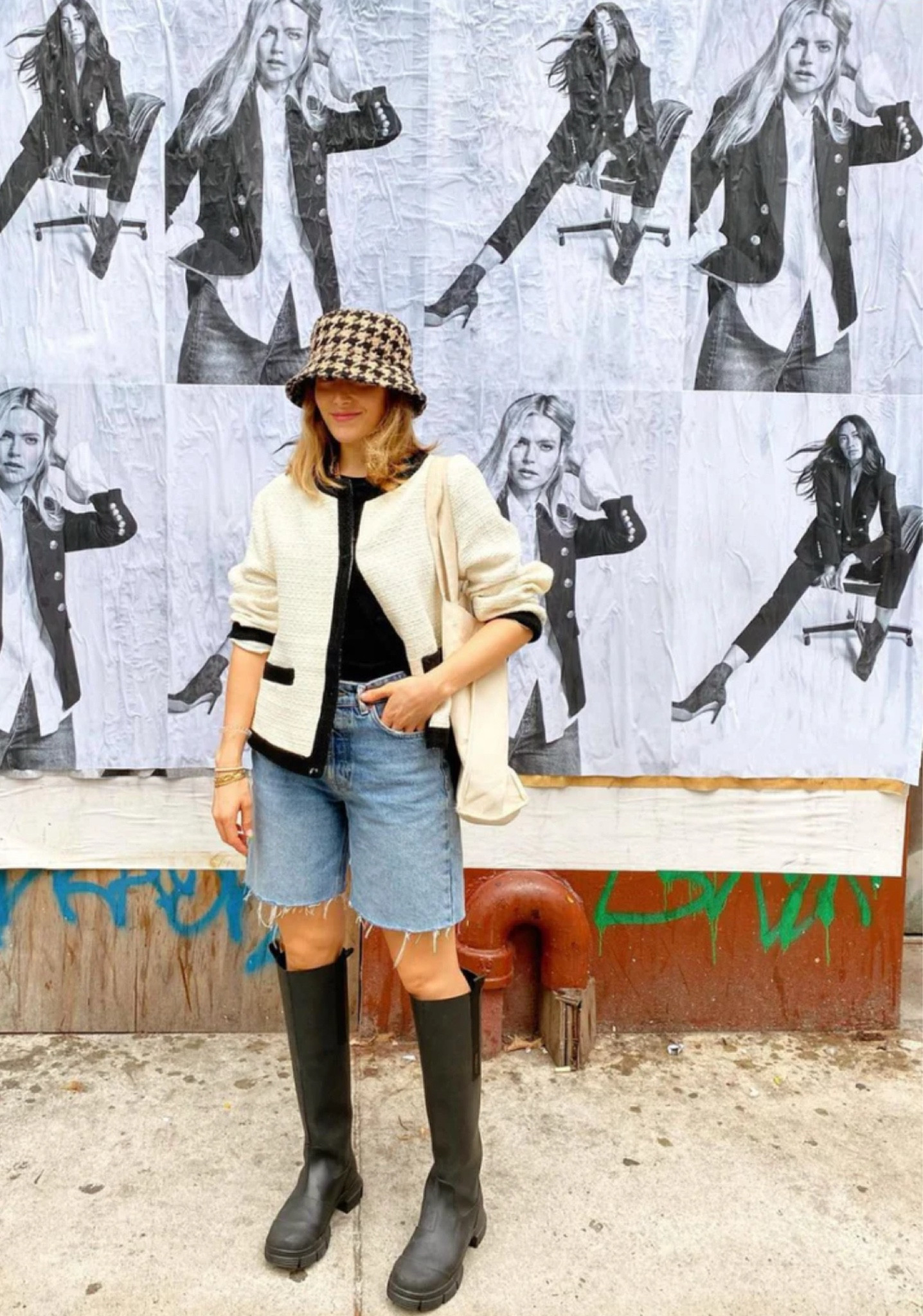 A white jacket with black detailing paired with a gingham brown and black bucket hat. We're talking fall fashion with a hint of sunshine. Add a black tank top, some comfy jorts, and tall black rain boots to complete the look. This outfit is a stylish way to embrace the cooler days without compromising on your style game.

#LTKHoliday