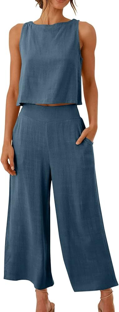 Feancey Summer 2 Piece Outfits For Women 2024 Sleeveless Linen Tank Crop Tops Wide Leg Pants Matc... | Amazon (US)
